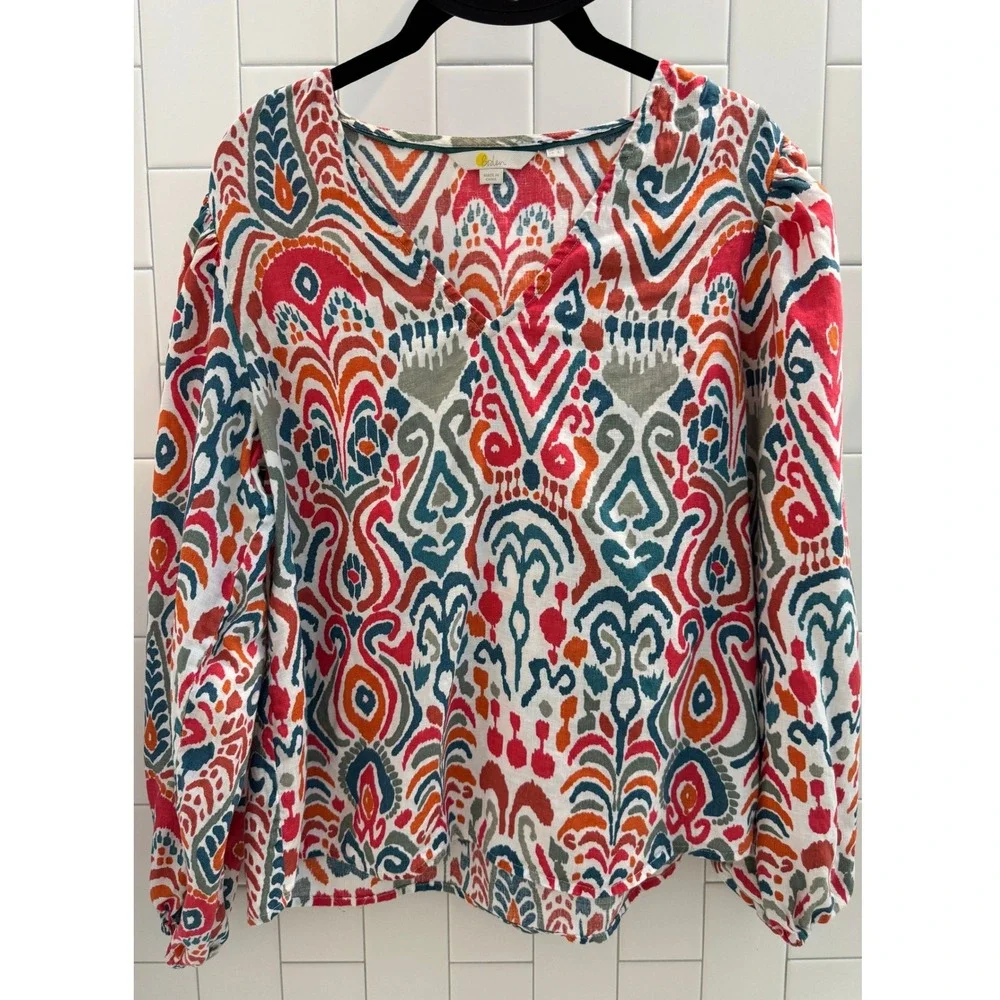 Boden Womens Red Blue Boho Ikat Linen V-Neck Puff Sleeve Blouse Top US 6 T0960